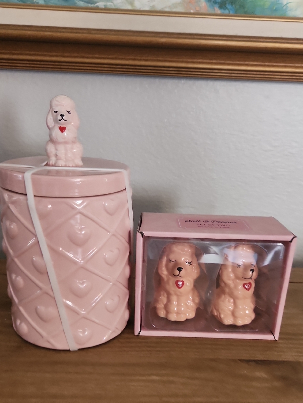 Pink Ceramic Dog Canister and Salt & Pepper Shakers Set Poodle Hearts